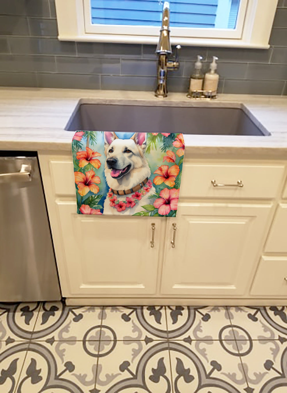 White German Shepherd Luau Kitchen Towel