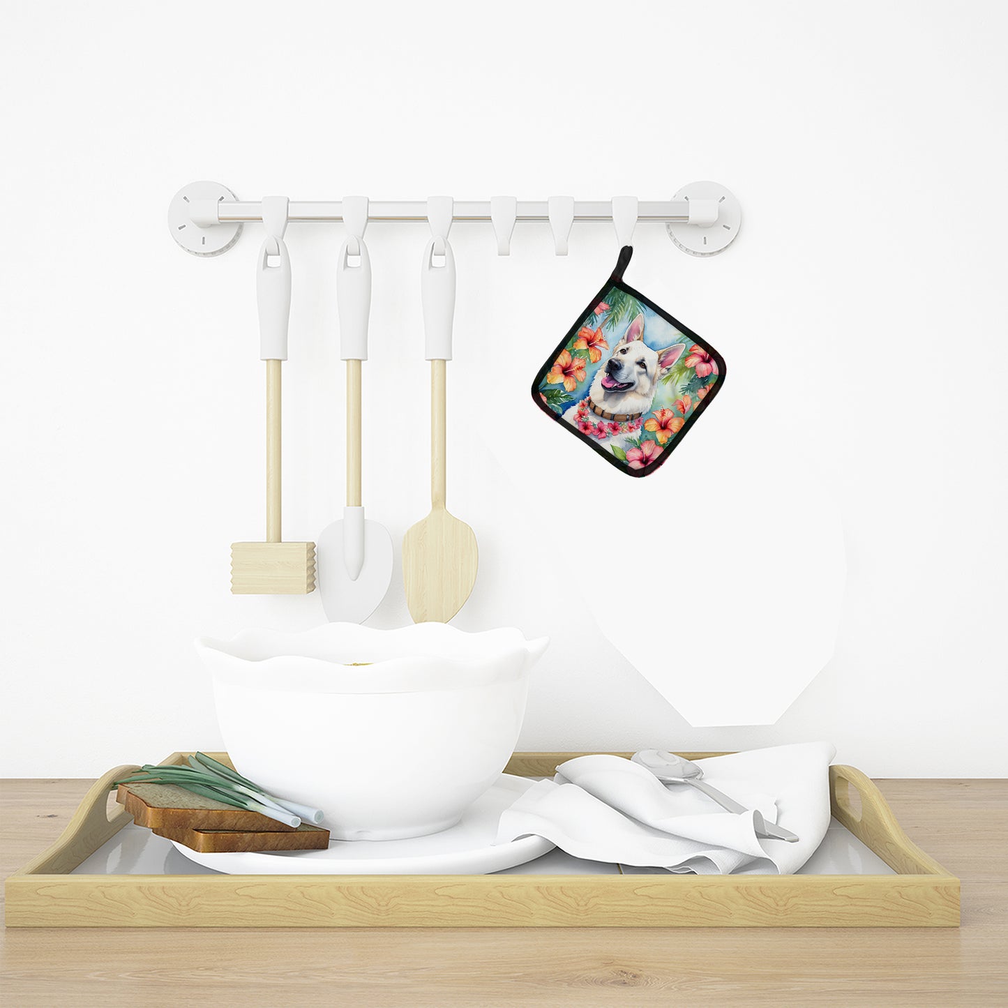 White German Shepherd Luau Pair of Pot Holders