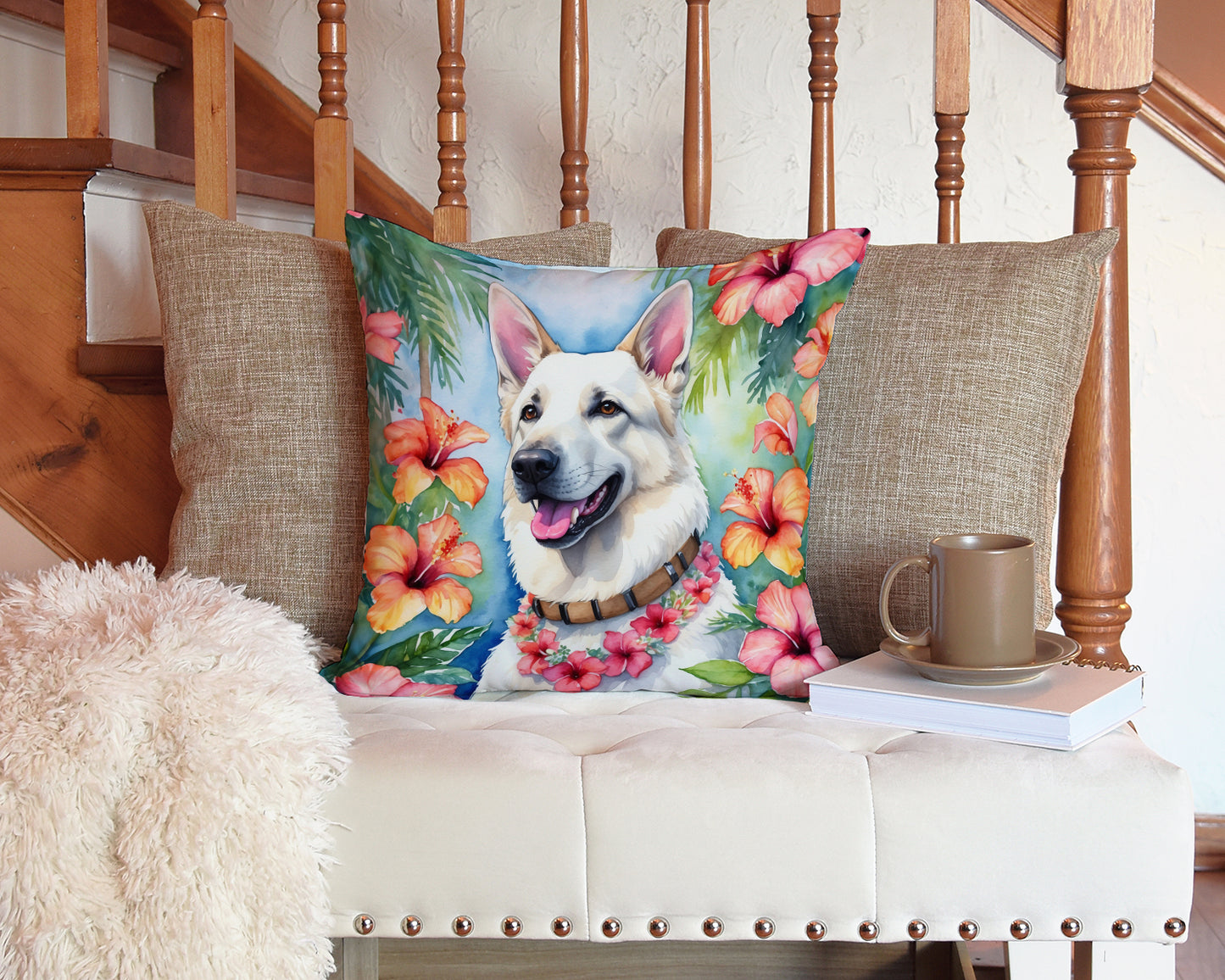 White German Shepherd Luau Throw Pillow