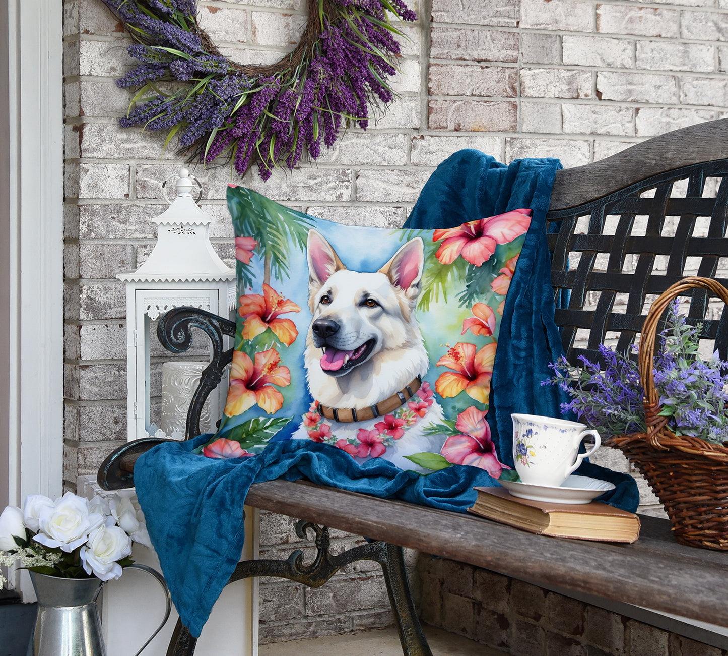 White German Shepherd Luau Throw Pillow