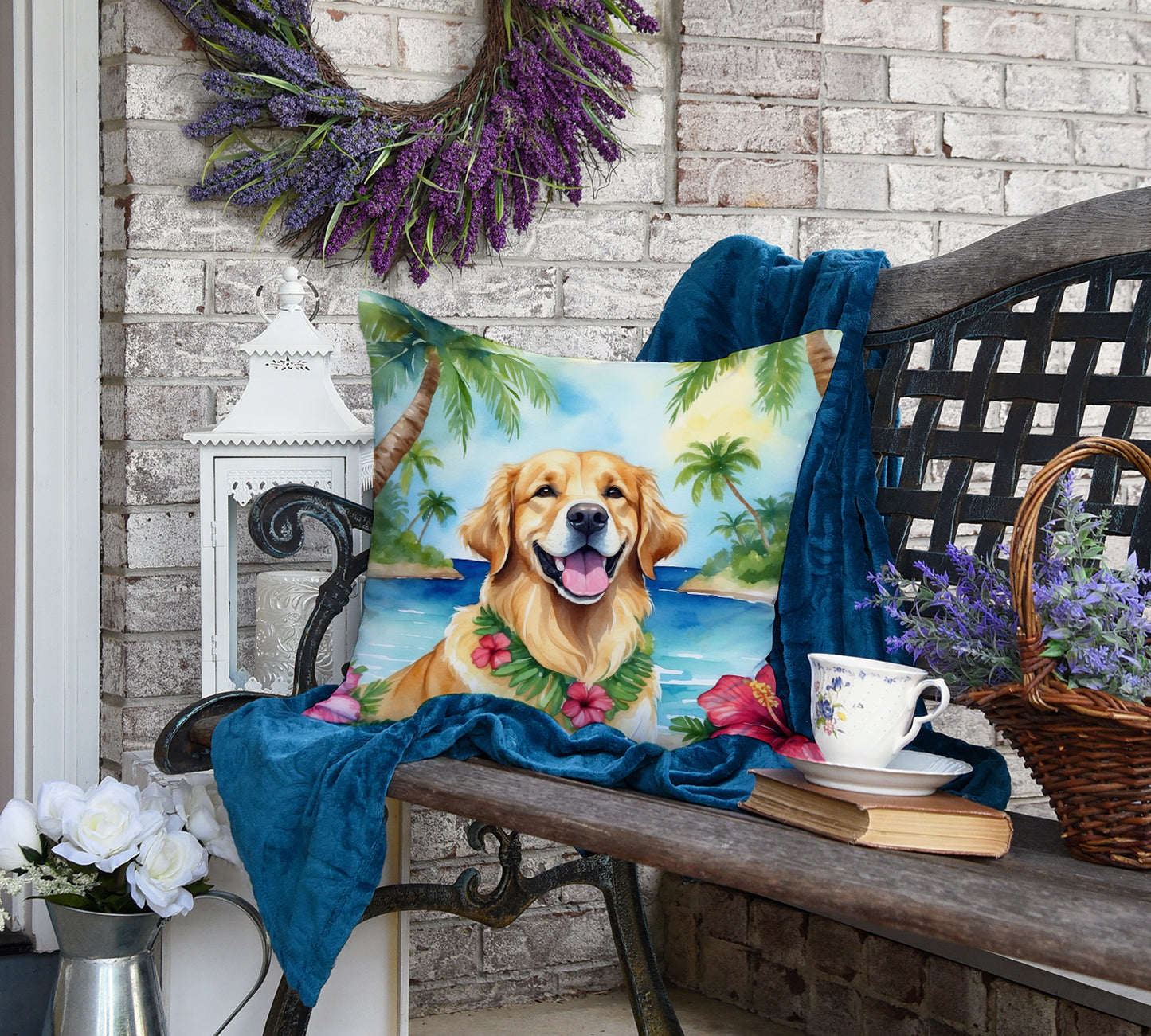 Golden Retriever Luau Throw Pillow