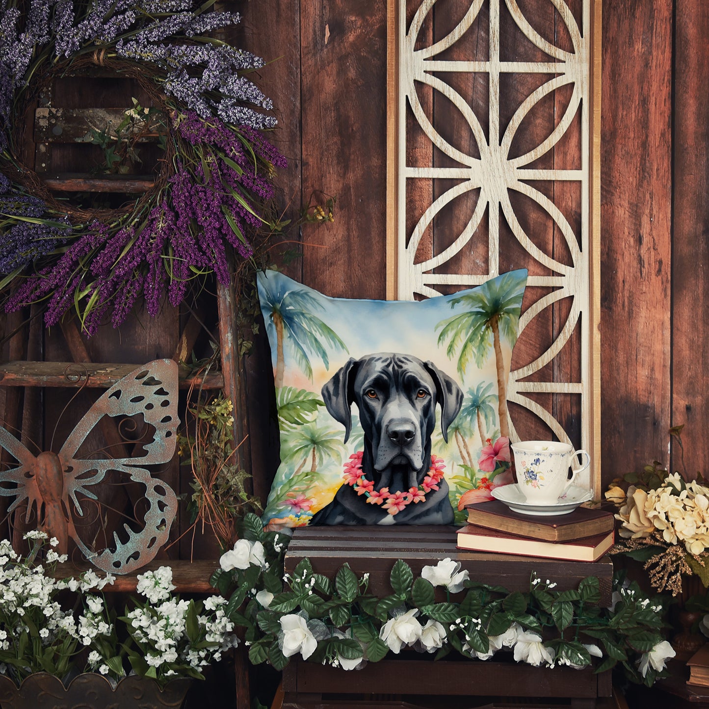 Great Dane Luau Throw Pillow