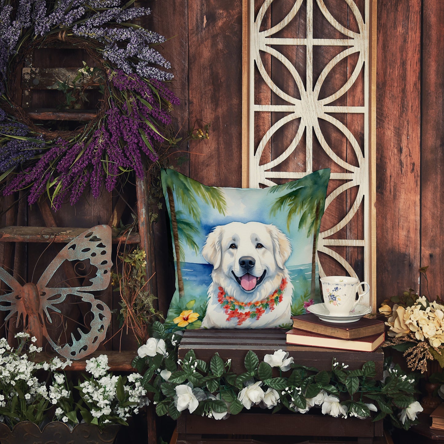 Great Pyrenees Luau Throw Pillow