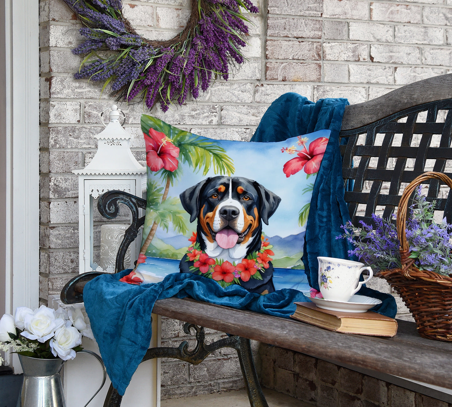 Greater Swiss Mountain Dog Luau Throw Pillow