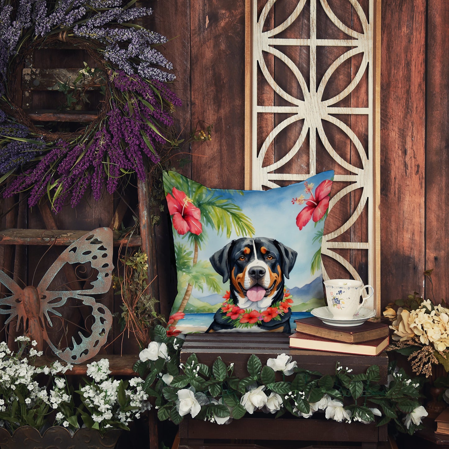 Greater Swiss Mountain Dog Luau Throw Pillow