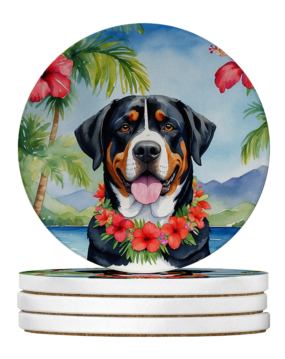 Buy this Greater Swiss Mountain Dog Luau Large Sandstone Coasters Pack of 4