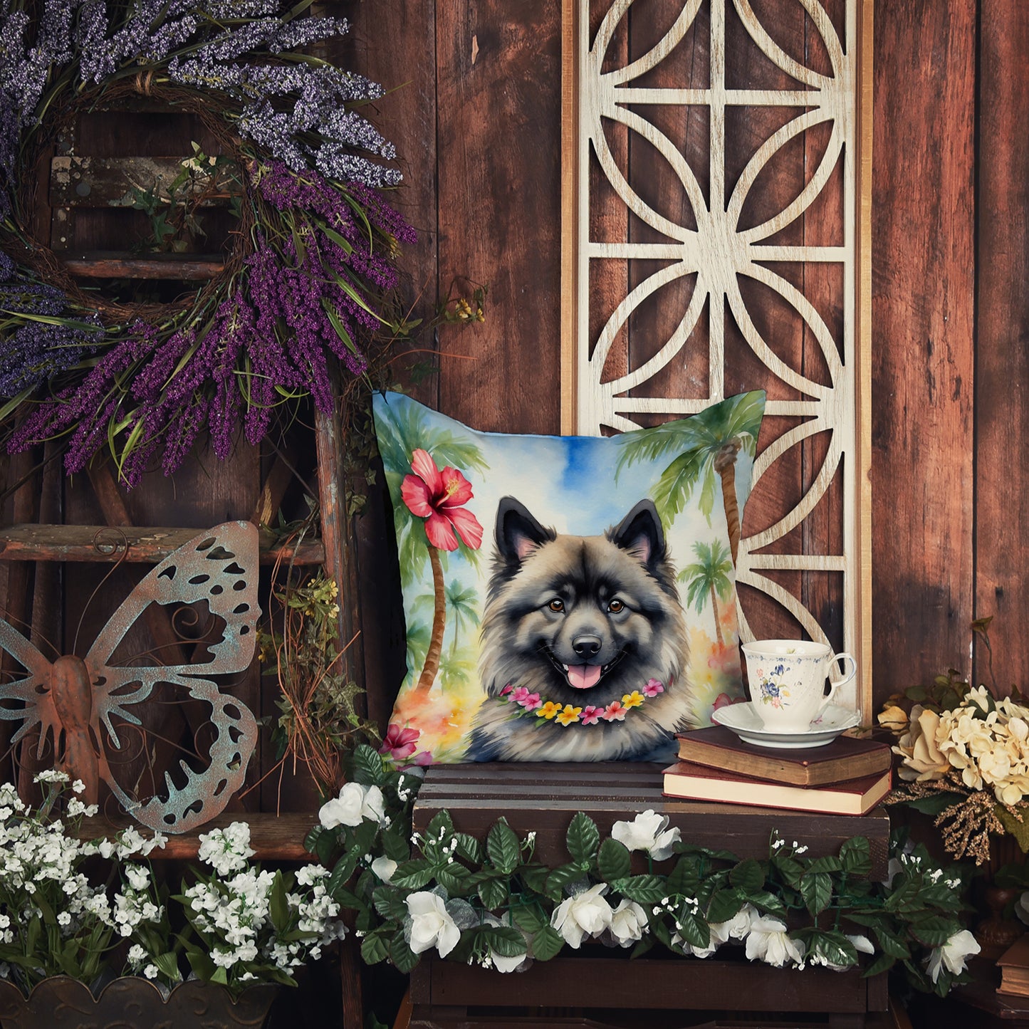 Keeshond Luau Throw Pillow