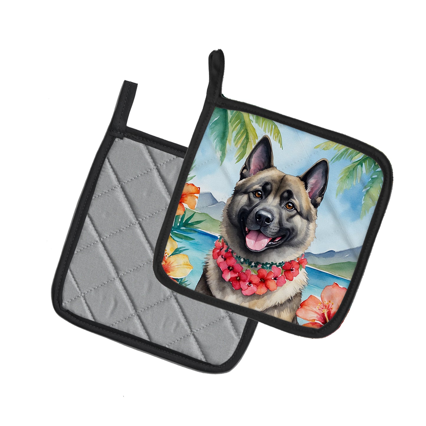 Norwegian Elkhound Luau Pair of Pot Holders