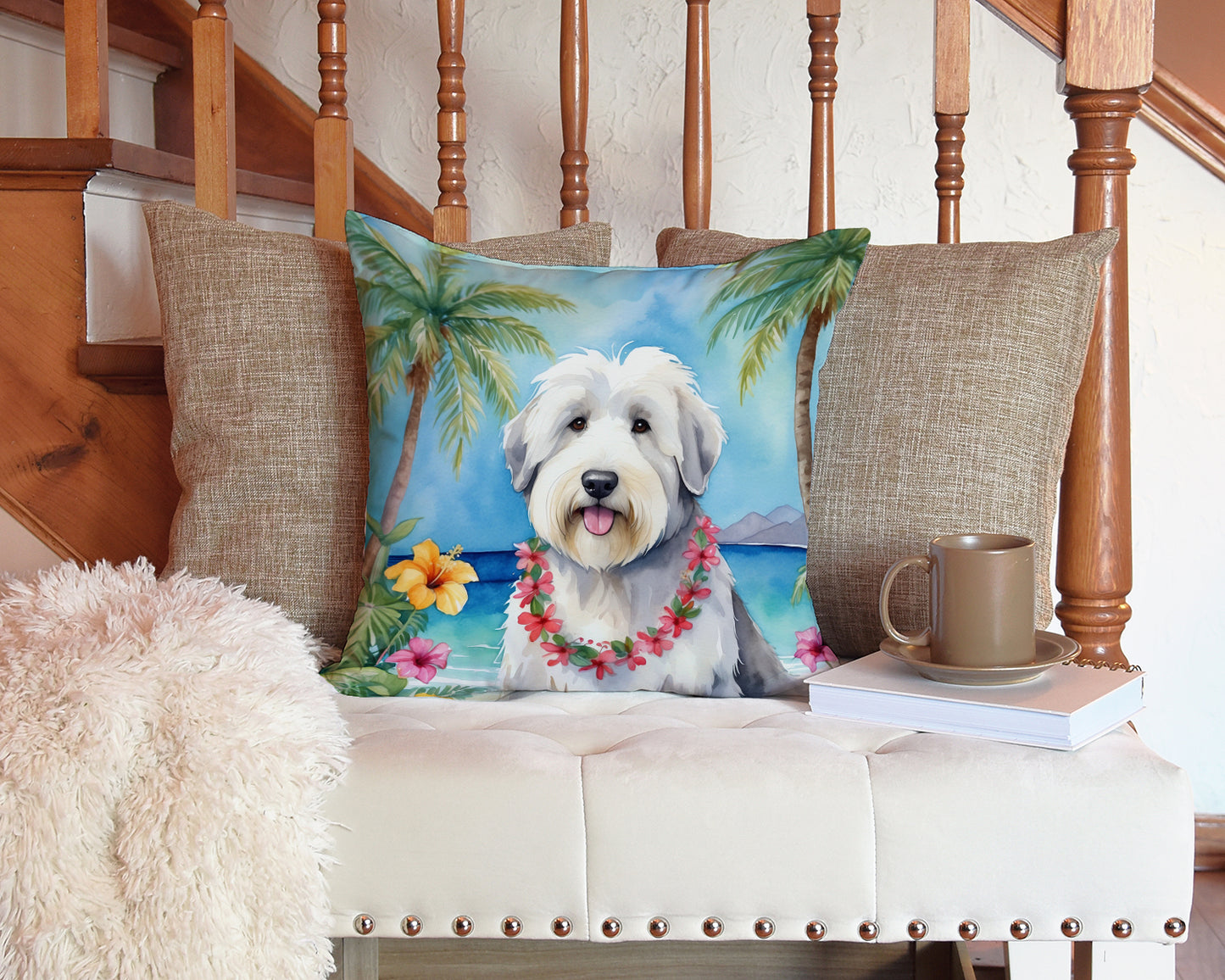 Old English Sheepdog Luau Throw Pillow