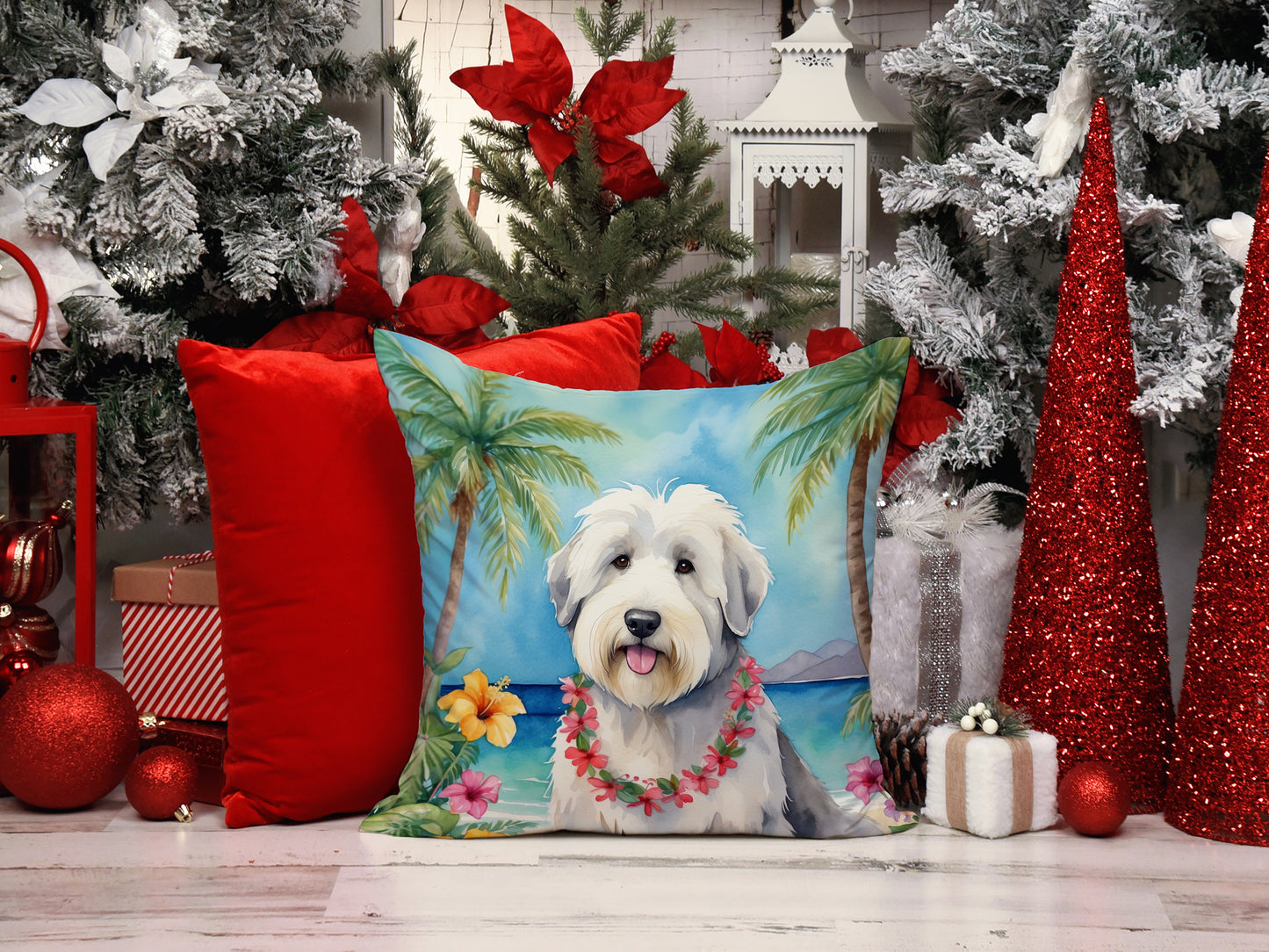 Old English Sheepdog Luau Throw Pillow