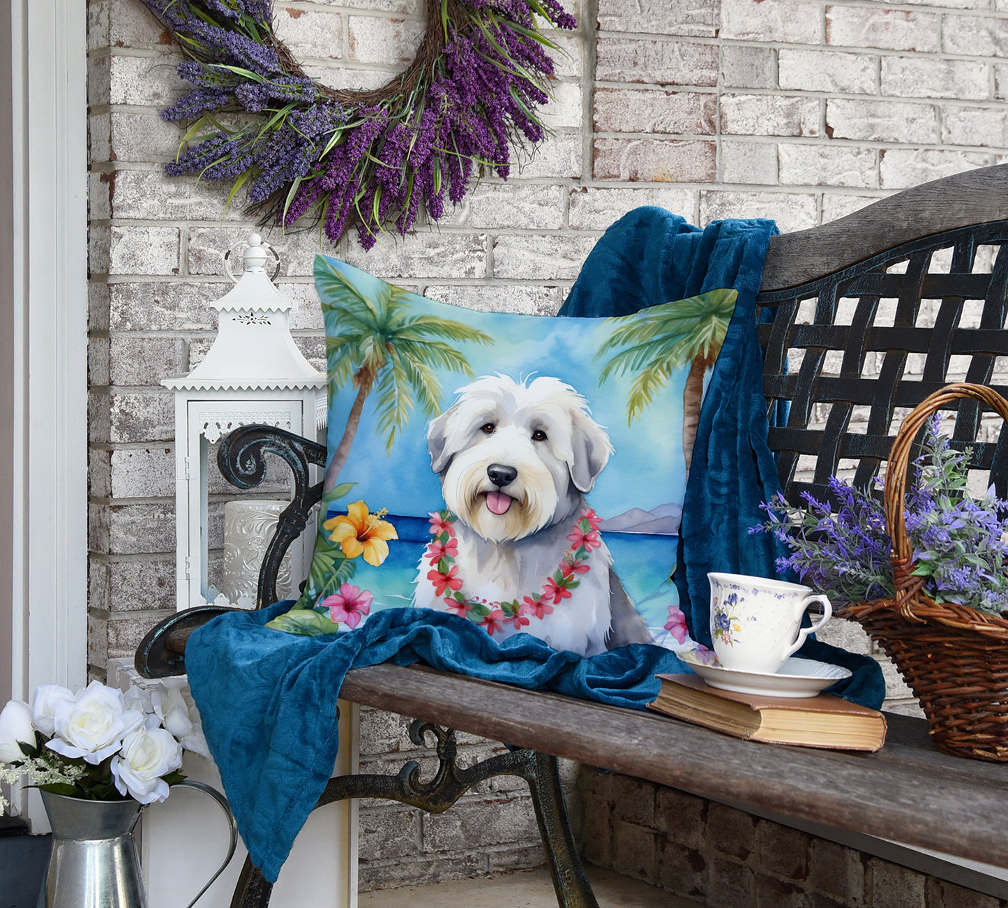 Old English Sheepdog Luau Throw Pillow