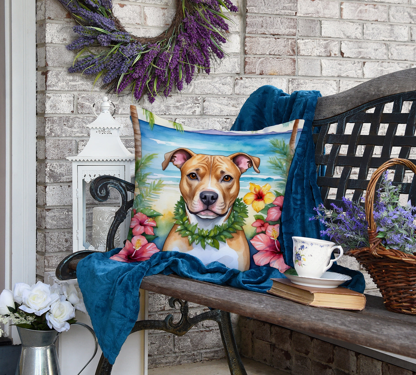 Pit Bull Terrier Luau Throw Pillow