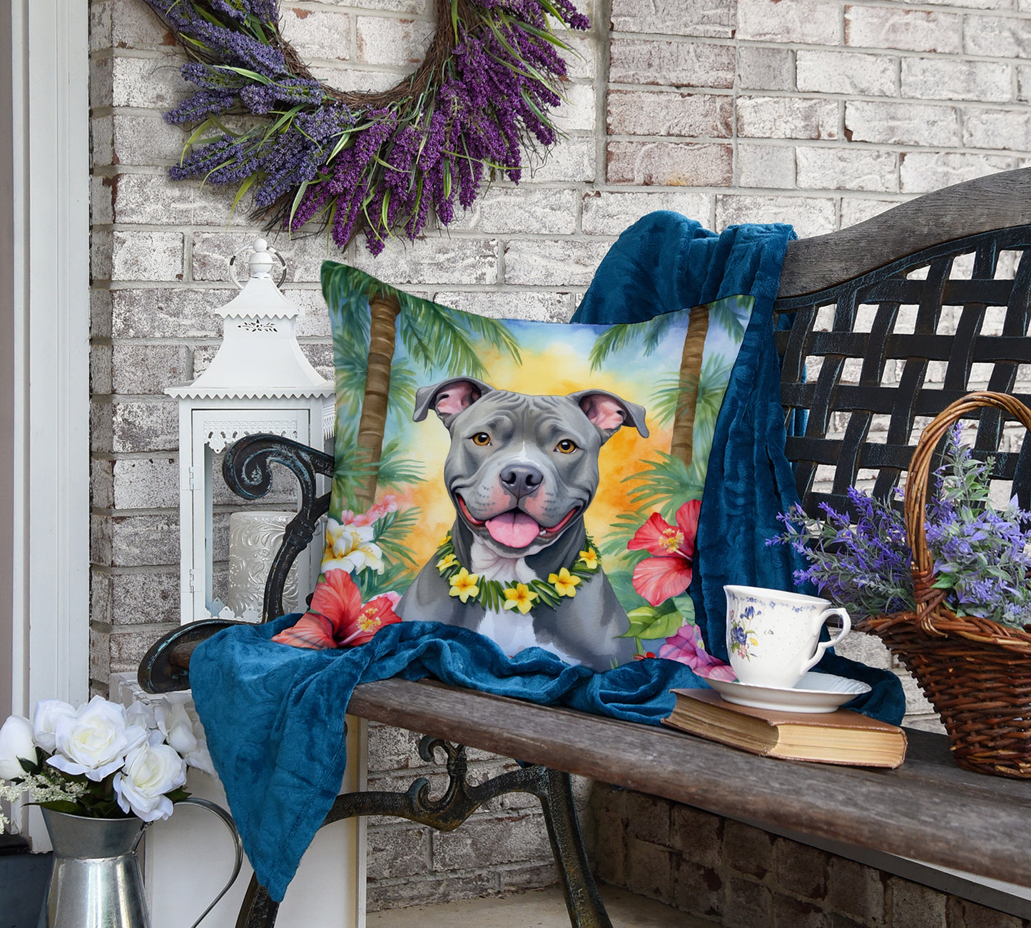 Pit Bull Terrier Luau Throw Pillow