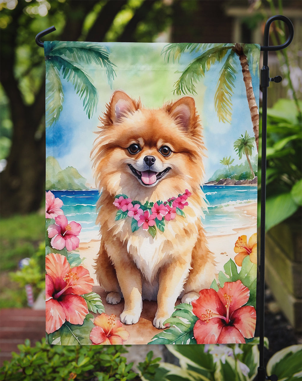Pomeranian Luau Garden Flag