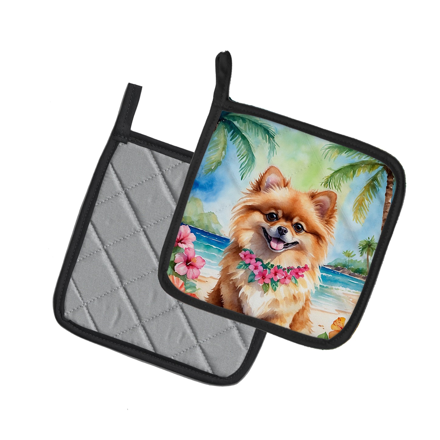 Pomeranian Luau Pair of Pot Holders