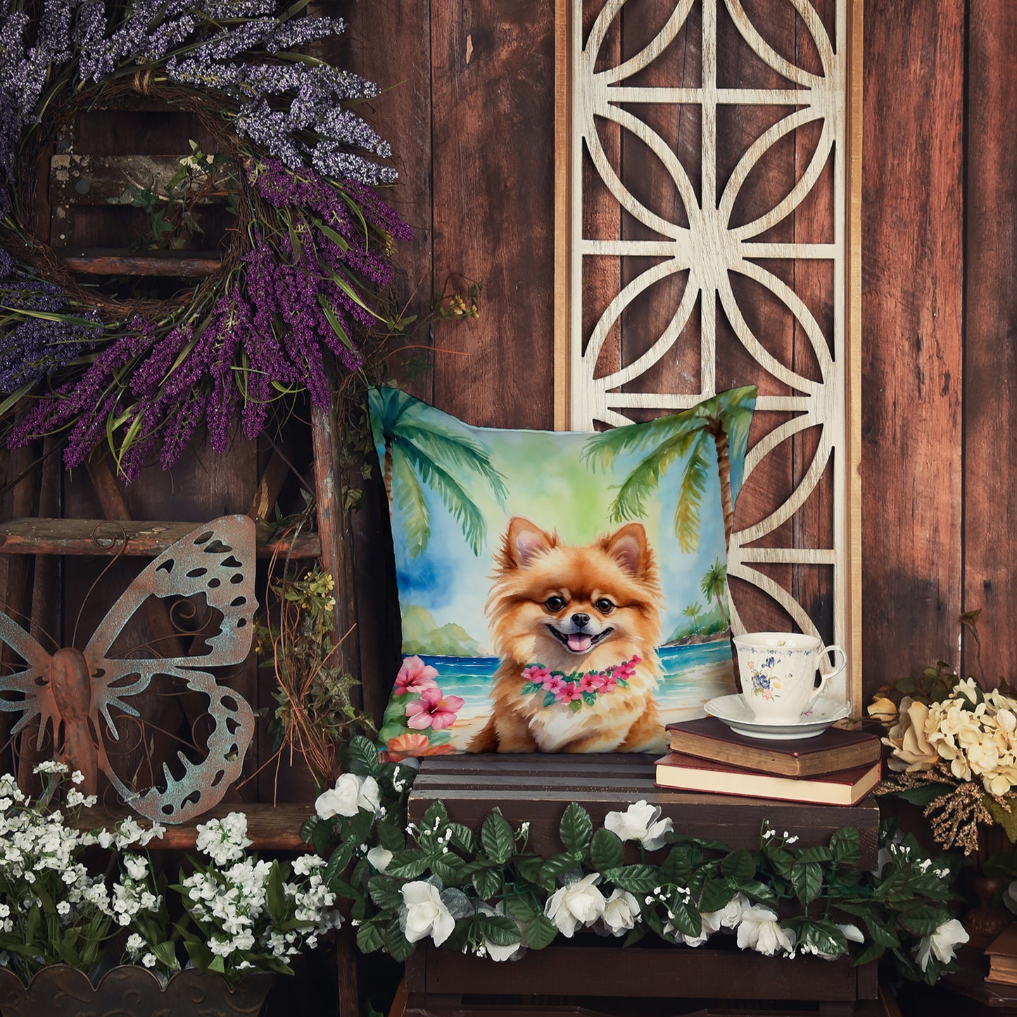 Pomeranian Luau Throw Pillow