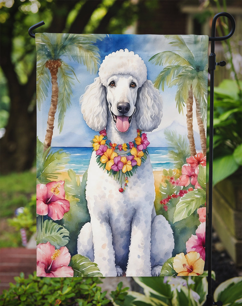 White Poodle Luau Garden Flag