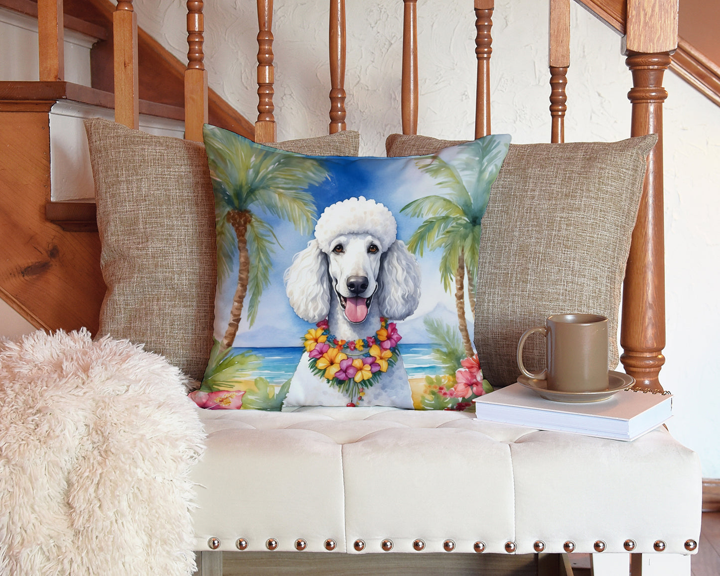 White Poodle Luau Throw Pillow