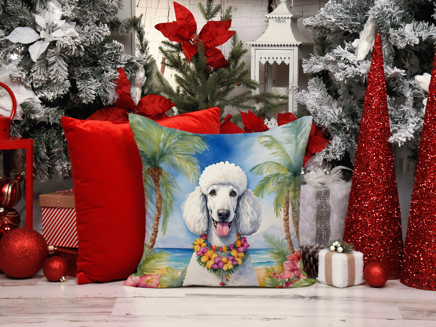 White Poodle Luau Throw Pillow