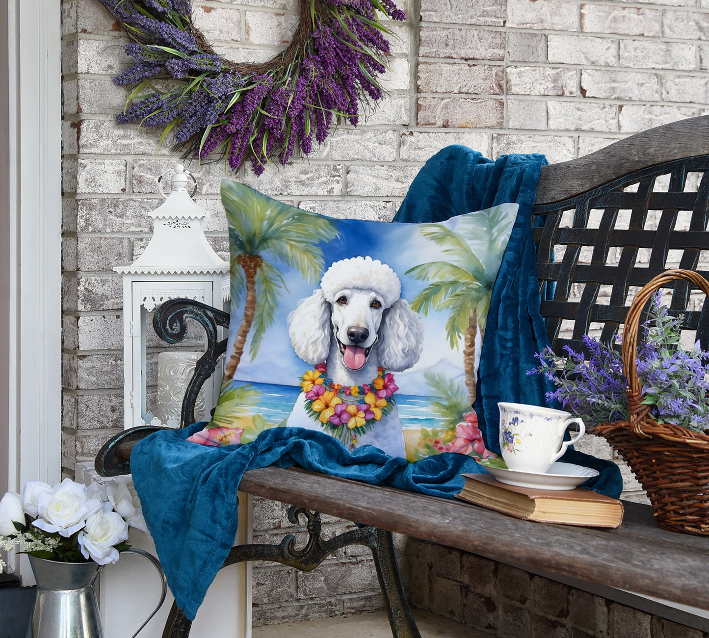 White Poodle Luau Throw Pillow