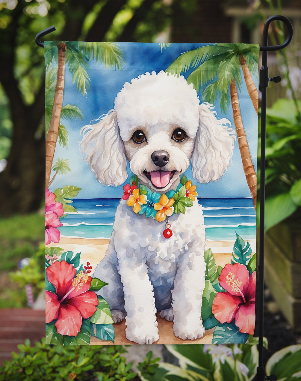 White Poodle Luau Garden Flag