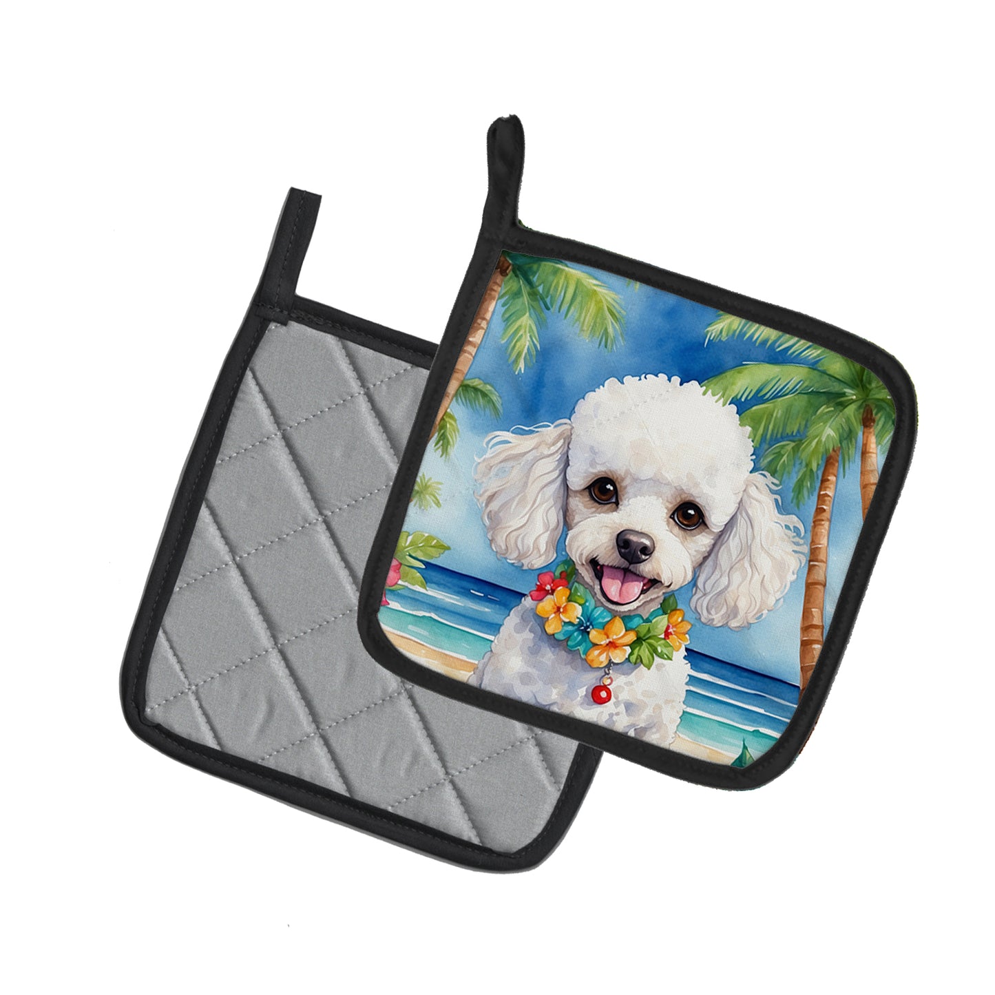 White Poodle Luau Pair of Pot Holders