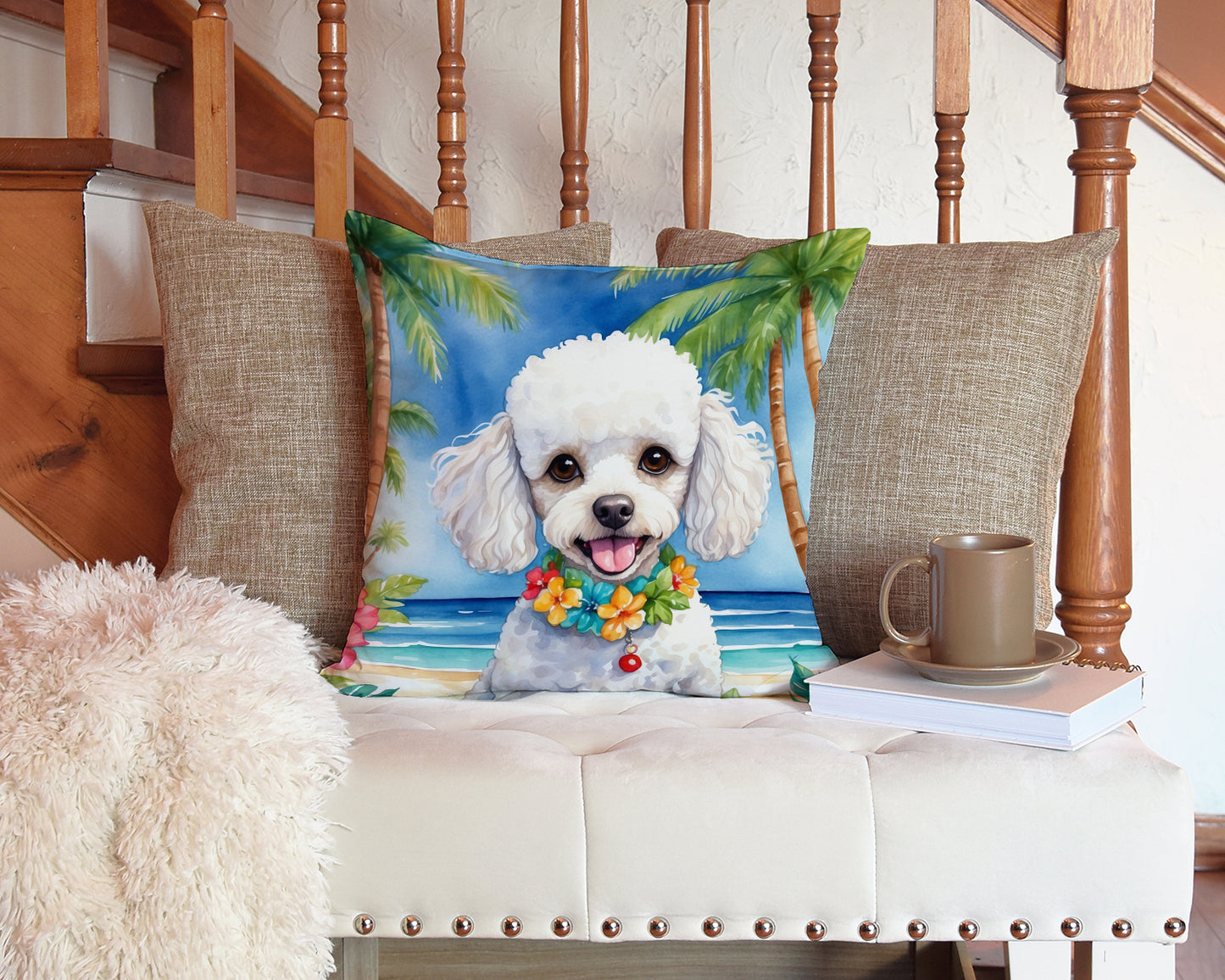 White Poodle Luau Throw Pillow