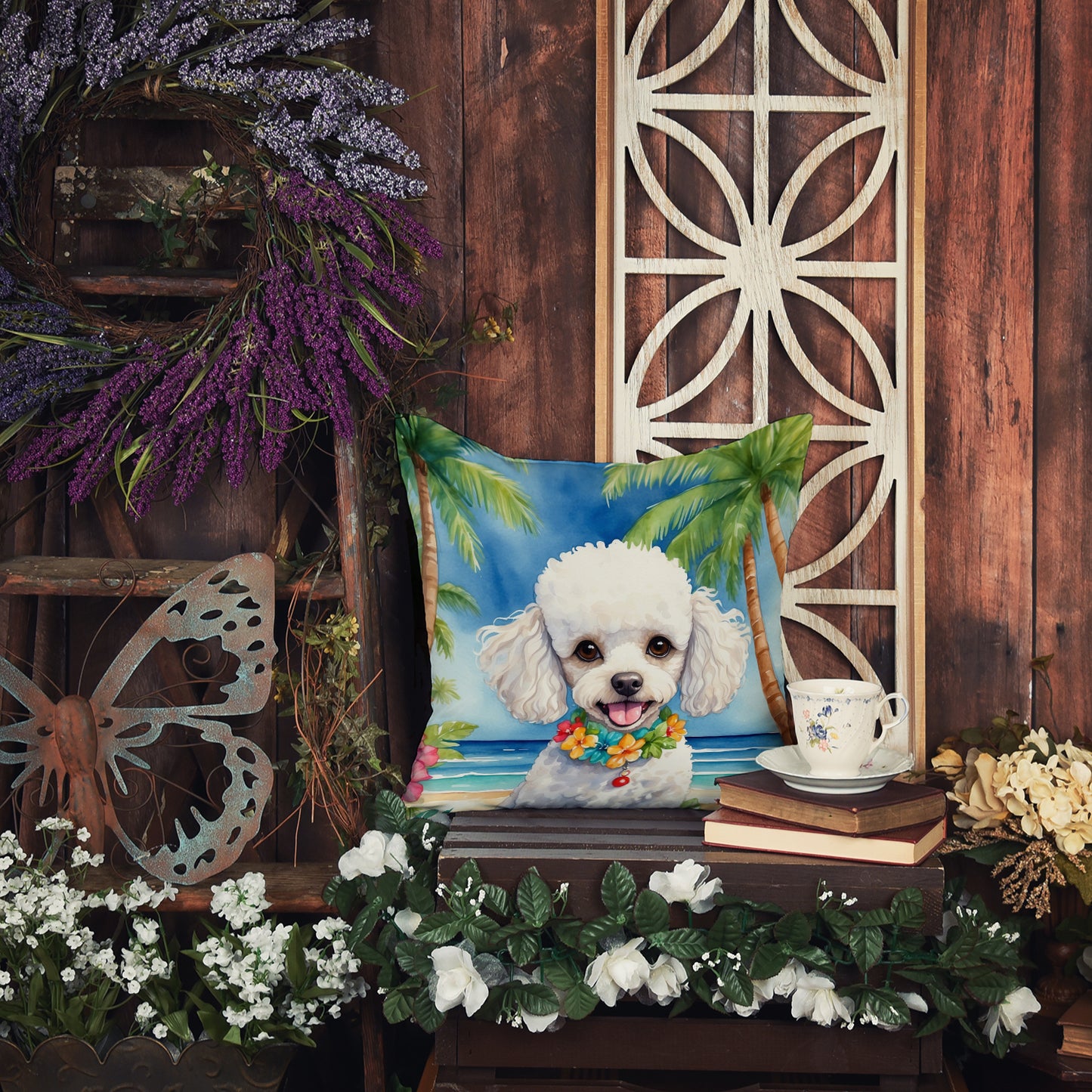 White Poodle Luau Throw Pillow