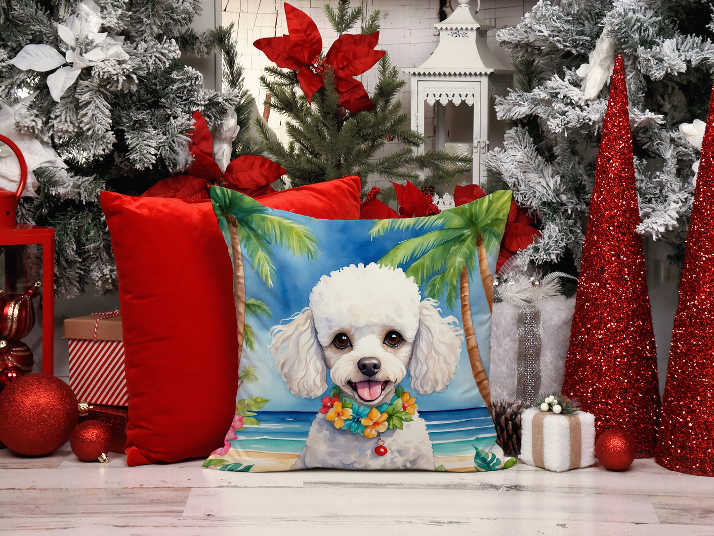 White Poodle Luau Throw Pillow