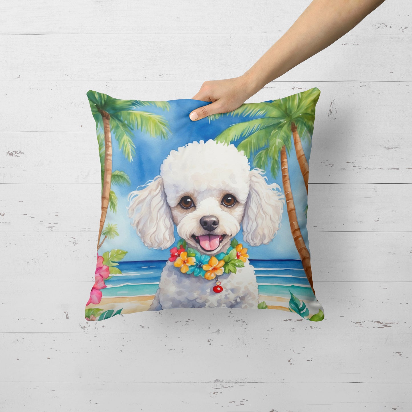 White Poodle Luau Throw Pillow