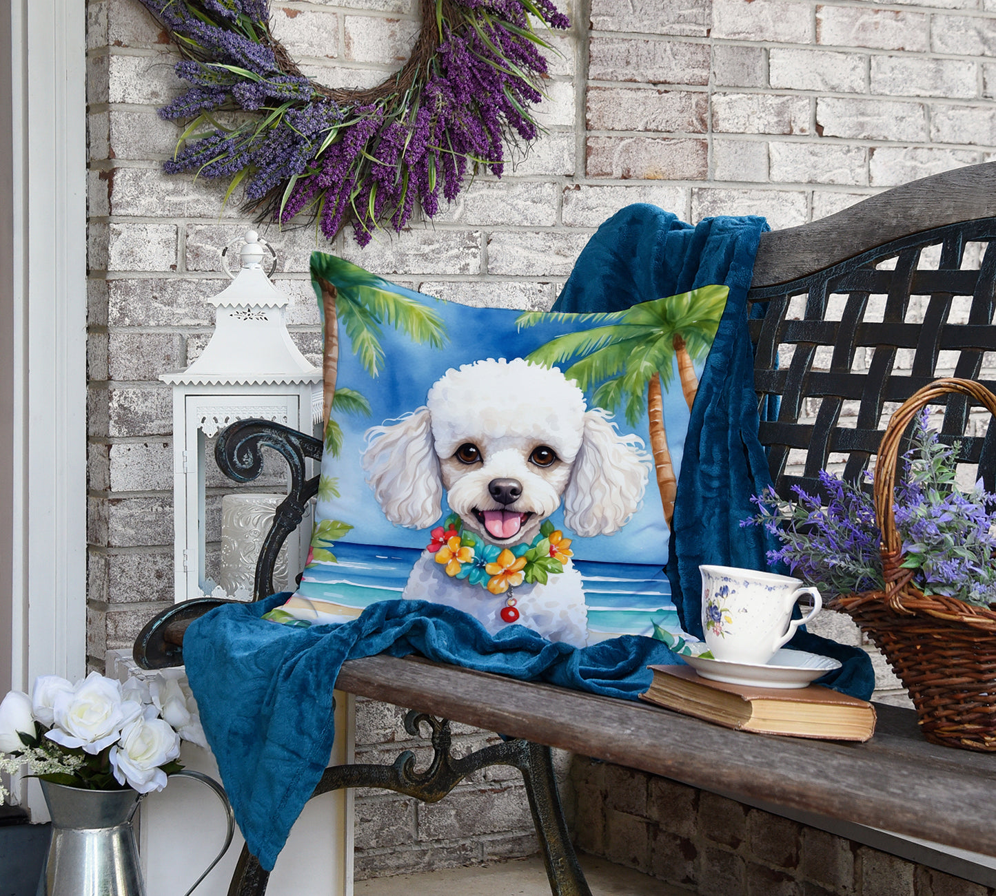 White Poodle Luau Throw Pillow