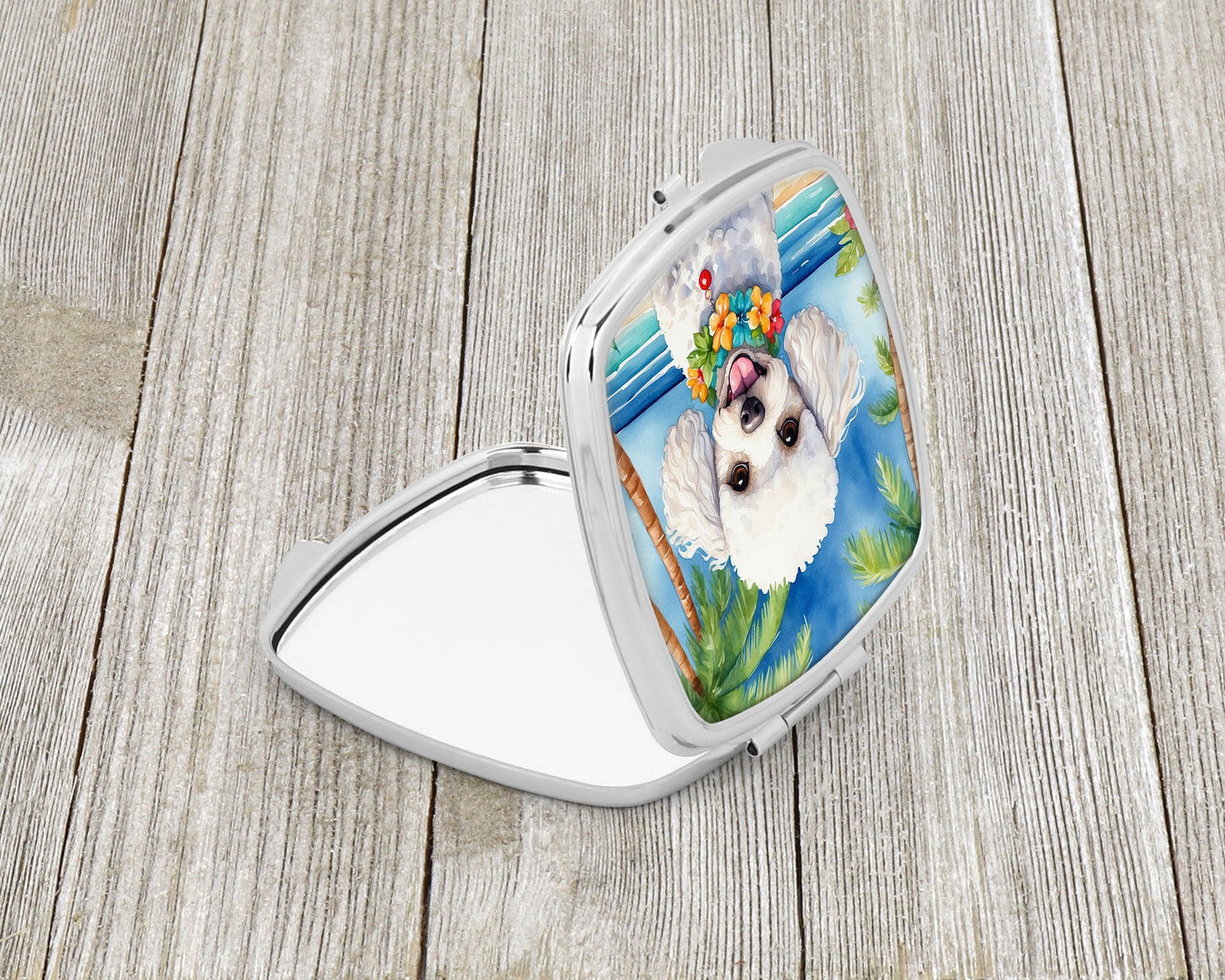 White Poodle Luau Compact Mirror