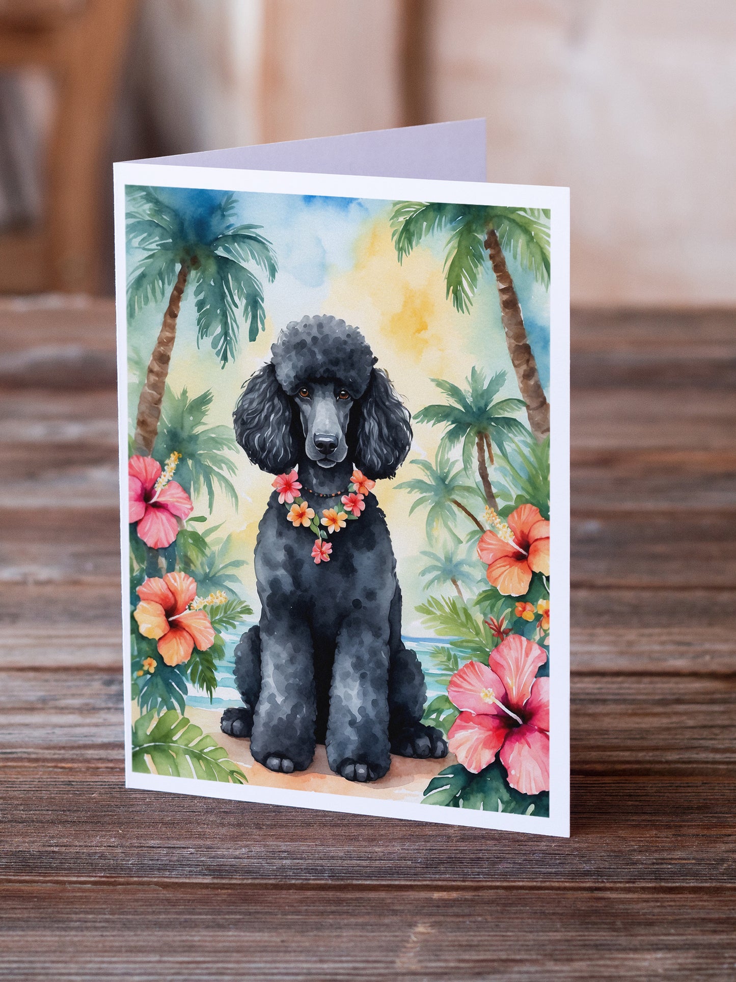 Black Poodle Luau Greeting Cards Pack of 8