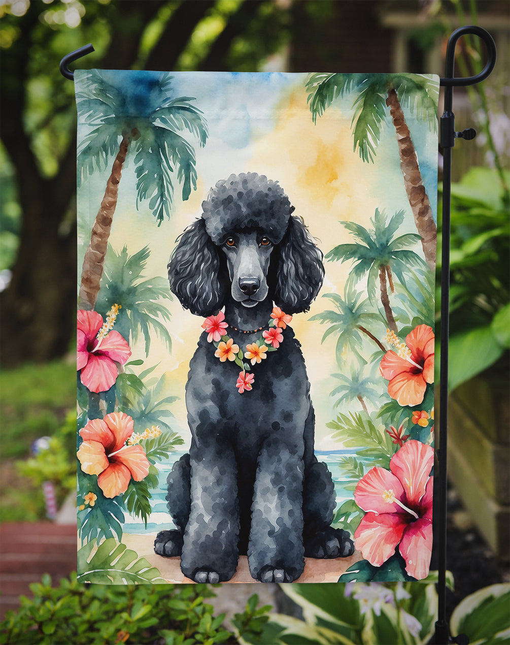 Black Poodle Luau Garden Flag