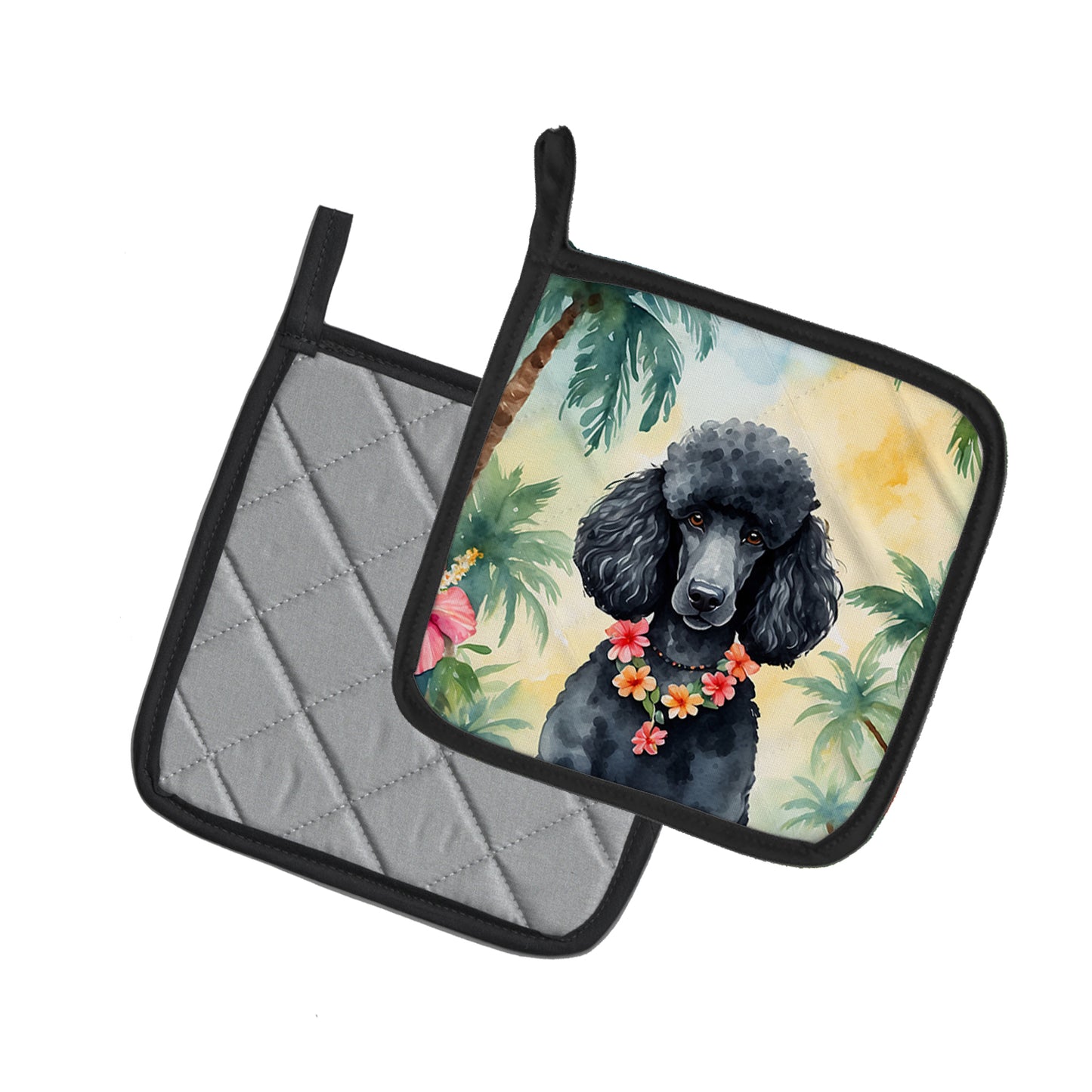 Black Poodle Luau Pair of Pot Holders