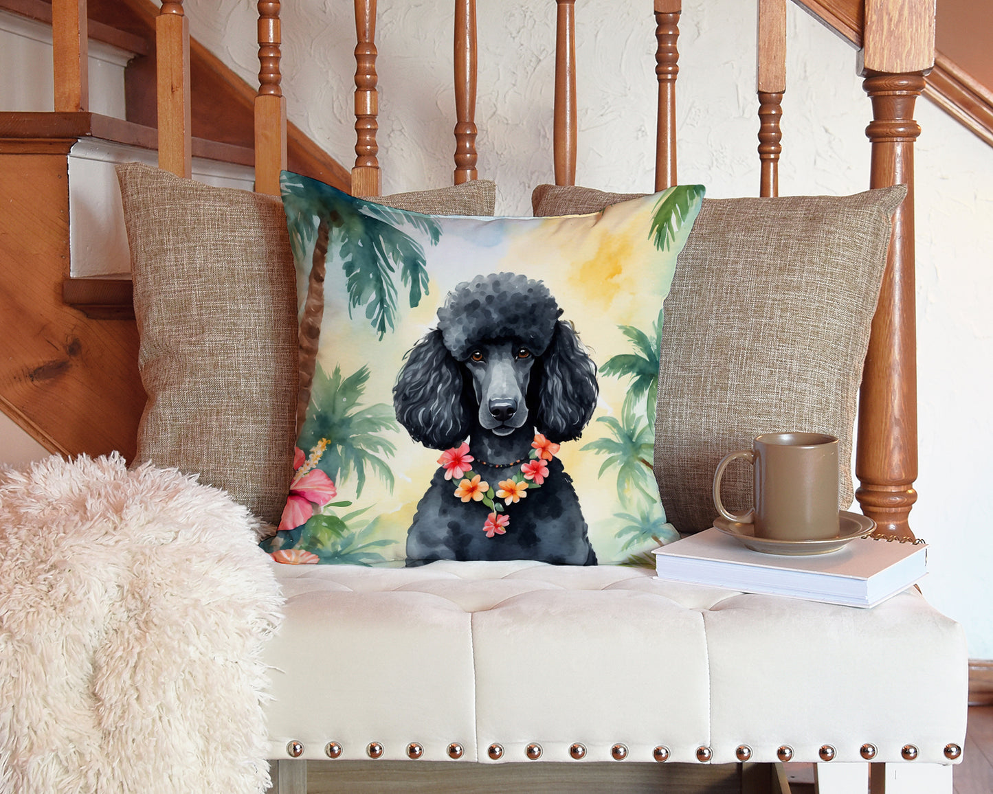 Black Poodle Luau Throw Pillow