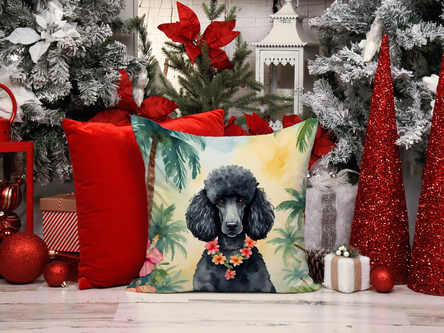 Black Poodle Luau Throw Pillow