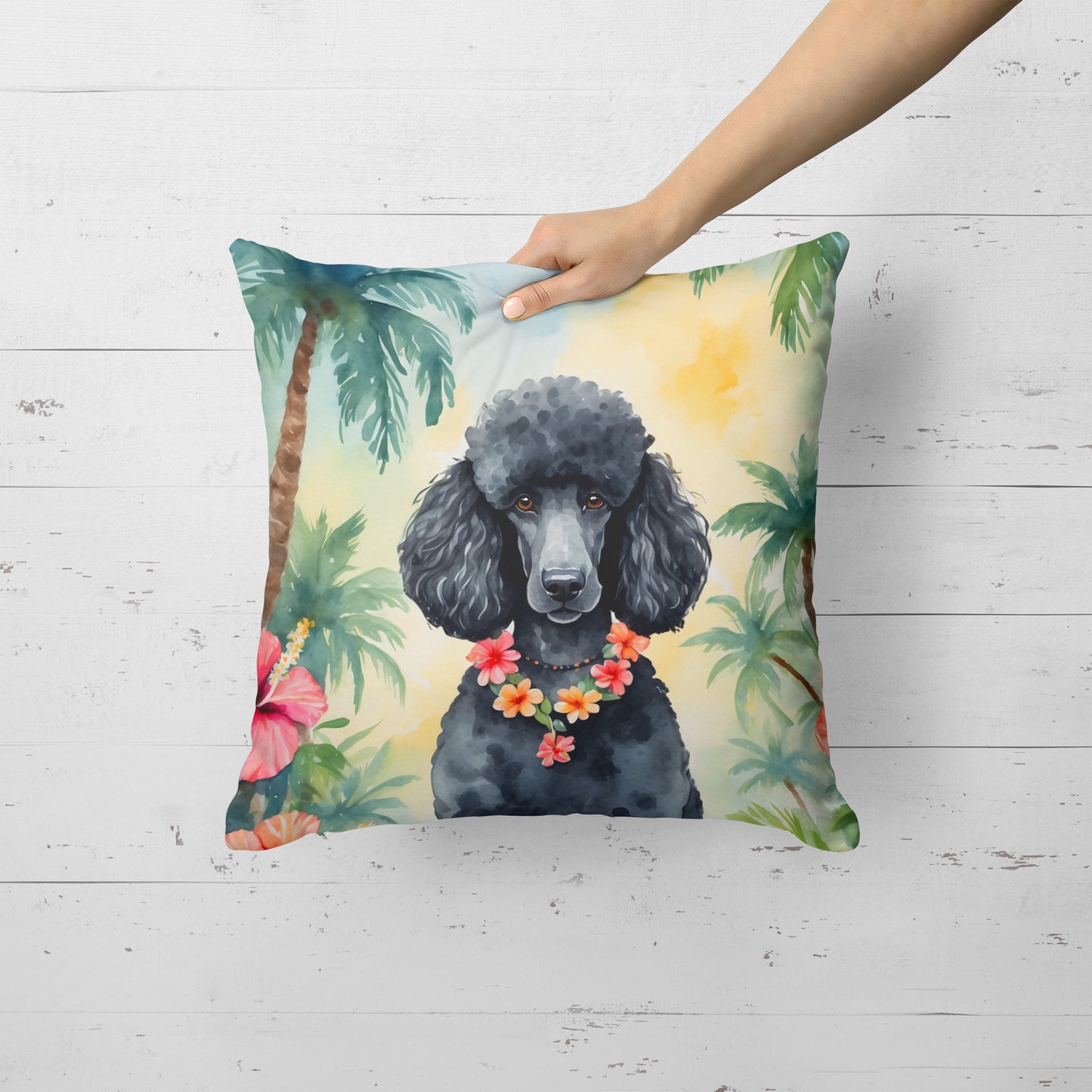 Black Poodle Luau Throw Pillow