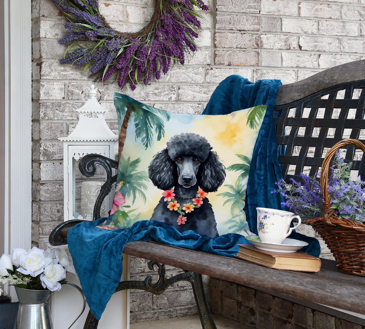 Black Poodle Luau Throw Pillow