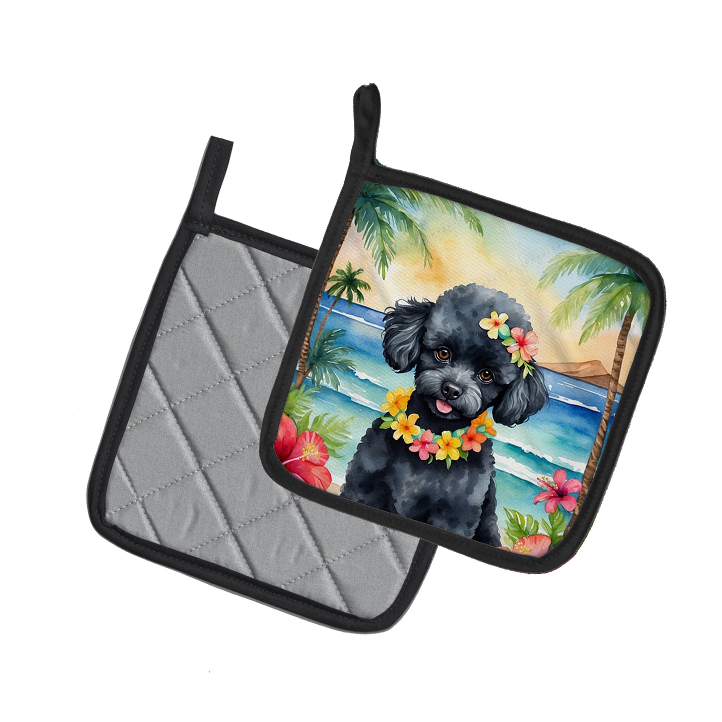 Black Poodle Luau Pair of Pot Holders