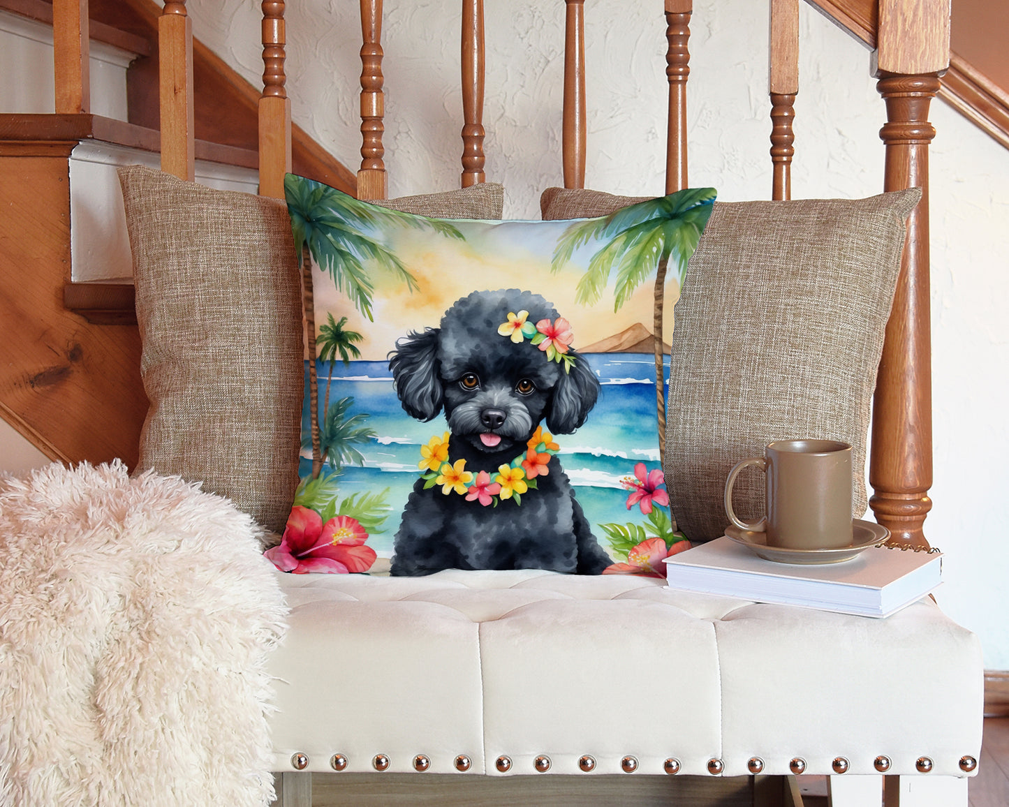 Black Poodle Luau Throw Pillow