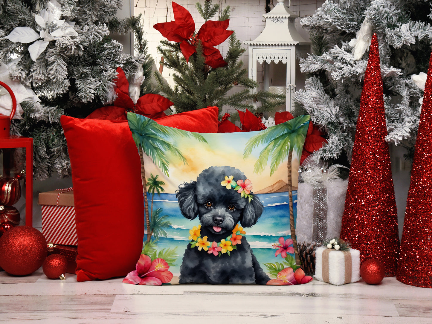 Black Poodle Luau Throw Pillow