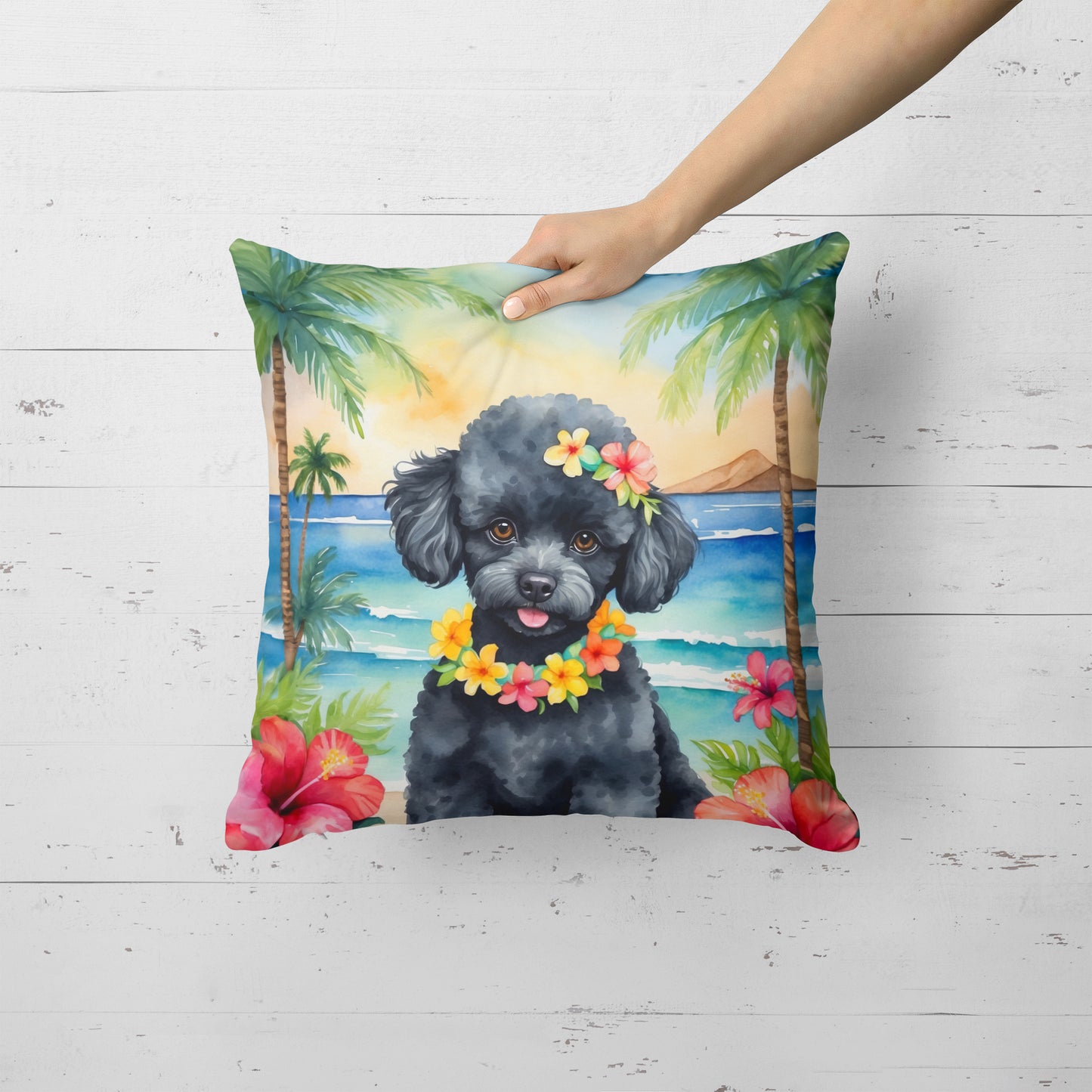 Black Poodle Luau Throw Pillow