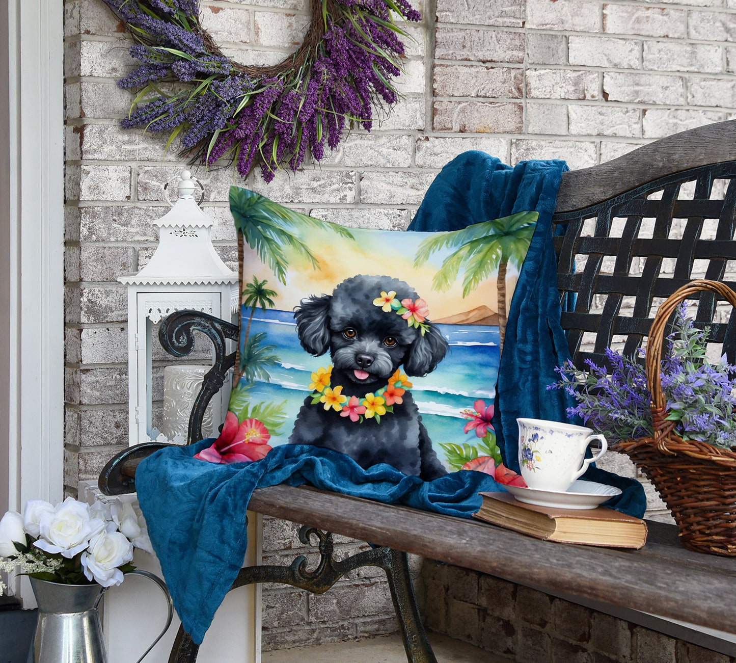 Black Poodle Luau Throw Pillow