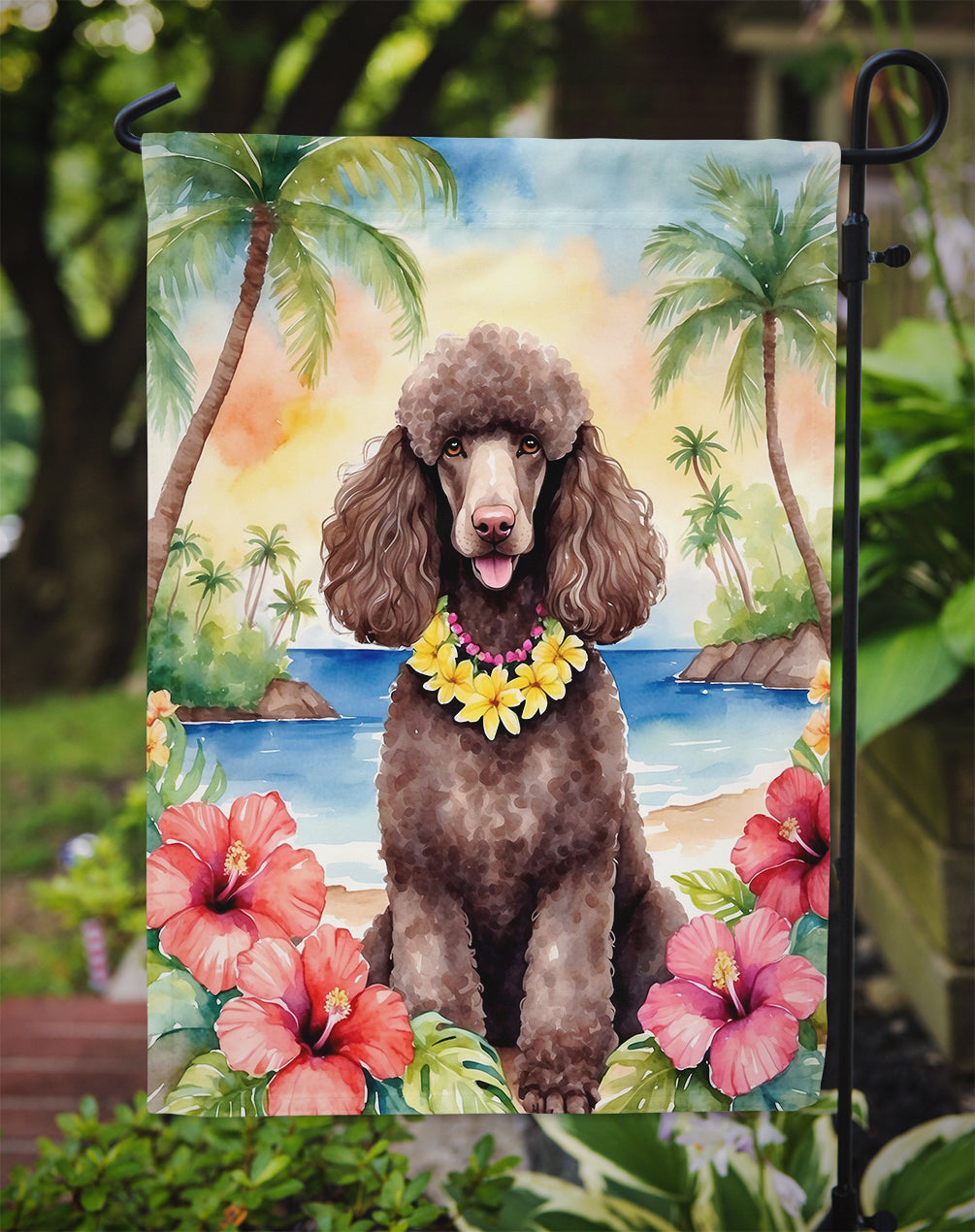 Chocolate Poodle Luau Garden Flag