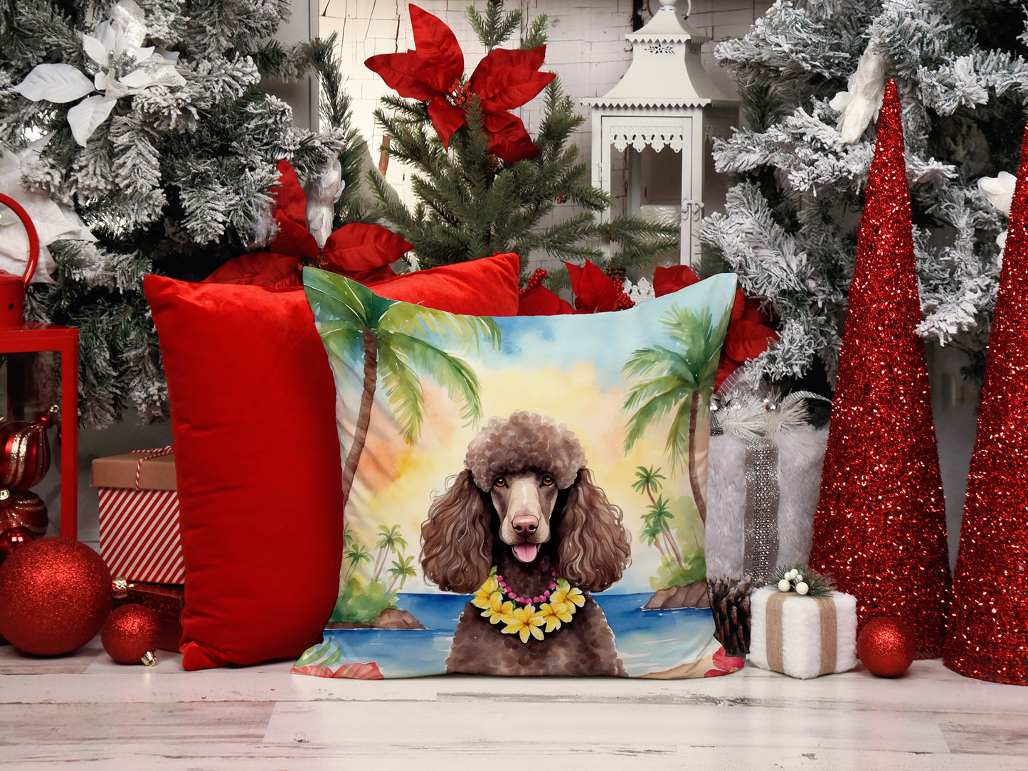 Chocolate Poodle Luau Throw Pillow