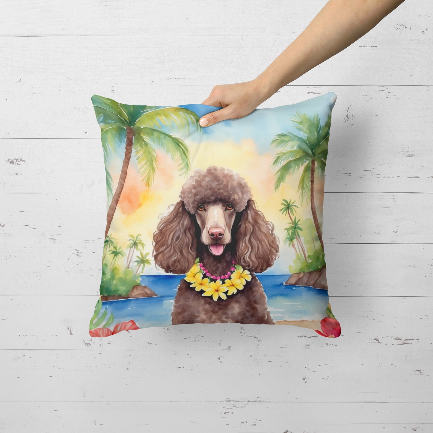 Chocolate Poodle Luau Throw Pillow