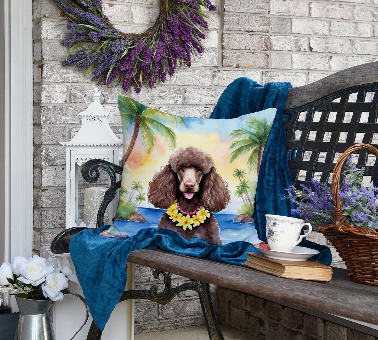 Chocolate Poodle Luau Throw Pillow