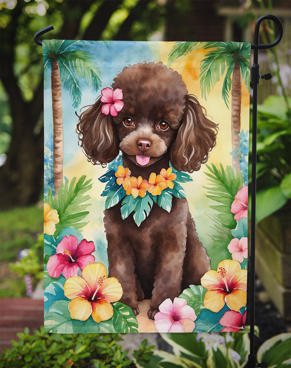 Chocolate Poodle Luau Garden Flag