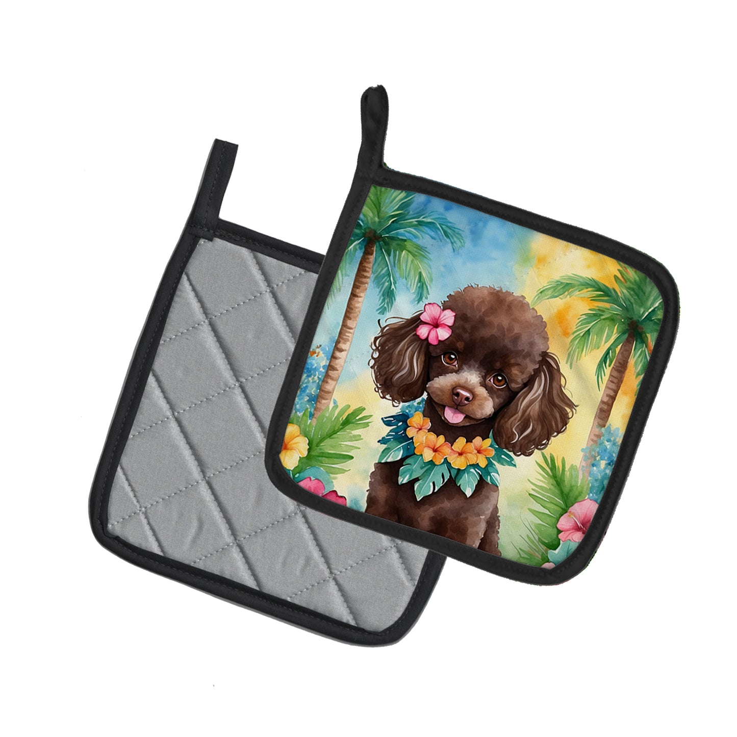 Chocolate Poodle Luau Pair of Pot Holders